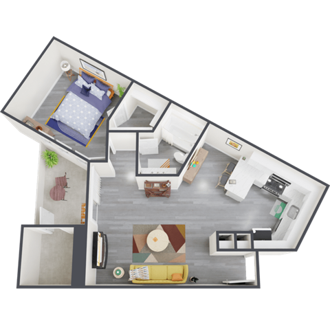 Floor plan for 1 bed, 1 bath, 748 sqft